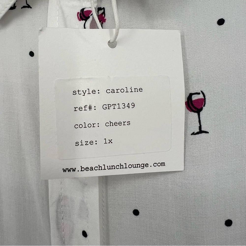 Beach Lunch Lounge Womens Top Wine Theme Print Long Roll Tab Sleeve Button Up - Picture 13 of 14